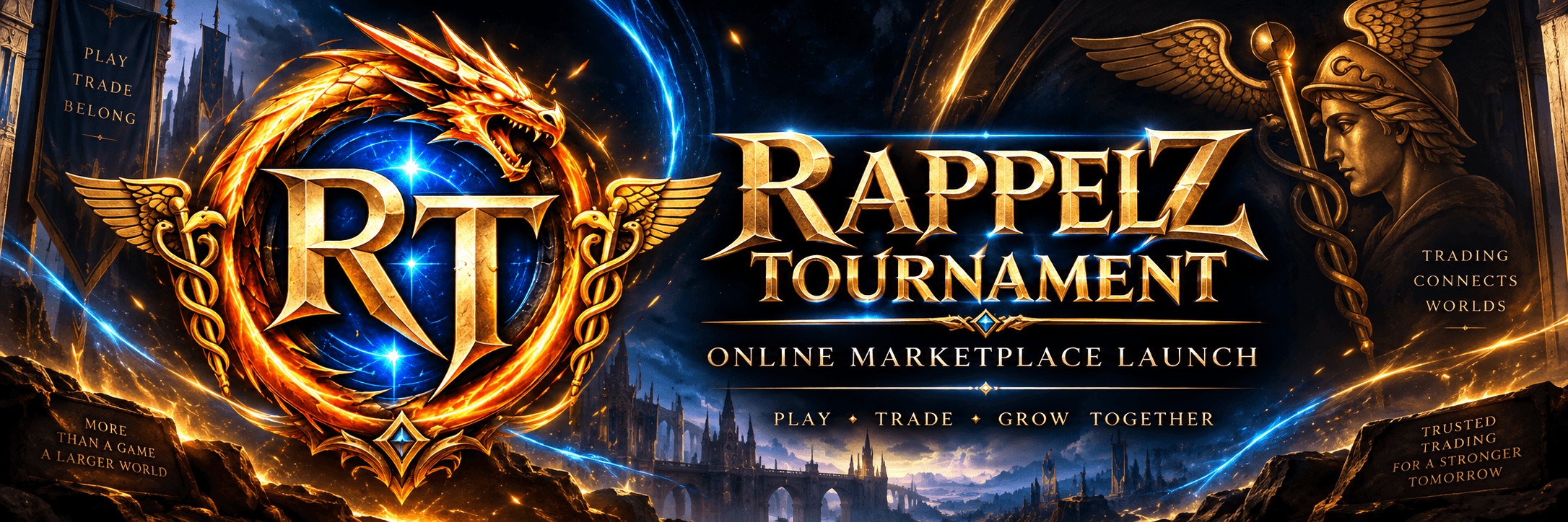 Rappelz Tournament Trading Marketplace launch banner with RT dragon emblem, marketplace branding and trading theme